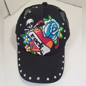Ed Hardy Style Trucker Hat Black Tattoo Rose Rock n Roll Skull Y2K 2000s Pre-Own